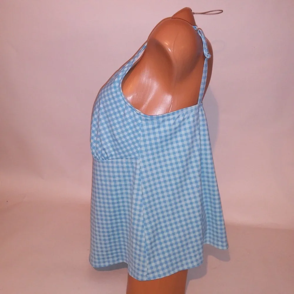 Lands End Swim Tankini Top Size 18W/L Blue Checkered Lightly Lined Underwire
